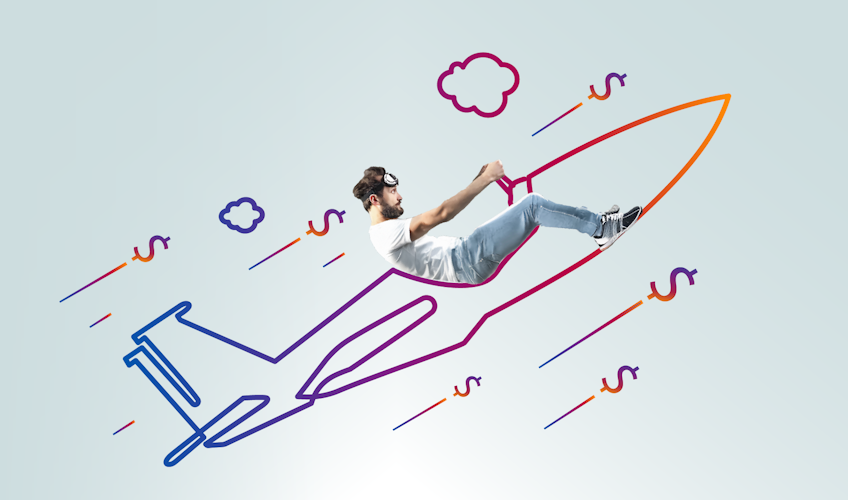 a man on a rocket ship taking off for savings
