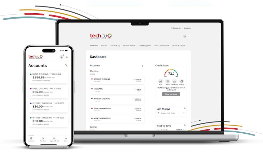screenshots of a desktop computer and mobile view of the Tech CU app hero